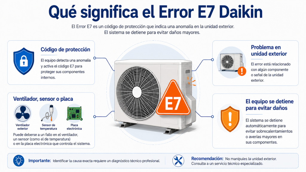 Infografía explicativa sobre qué significa el Error E7 Daikin y los componentes implicados